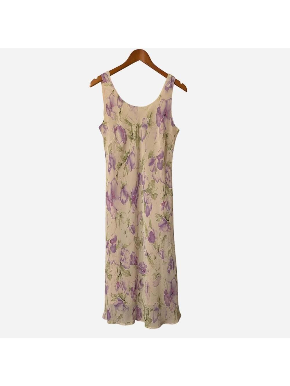 1990s Lavender Purple Watercolor Romantic Floral Bias Cut Midi Dress Size 12